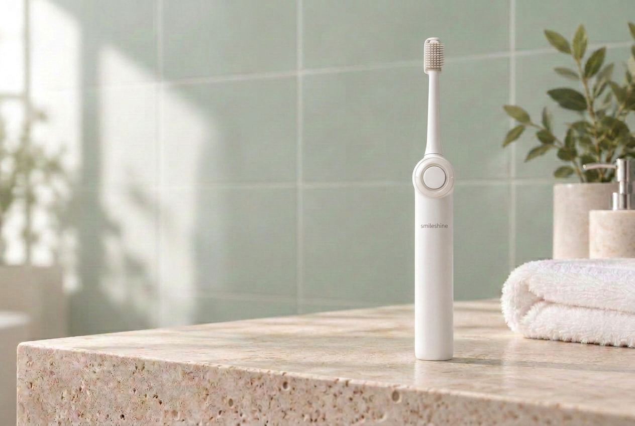 Smile Shine 3-in-1 toothbrush on a travertine bathroom shelf with soft daylight